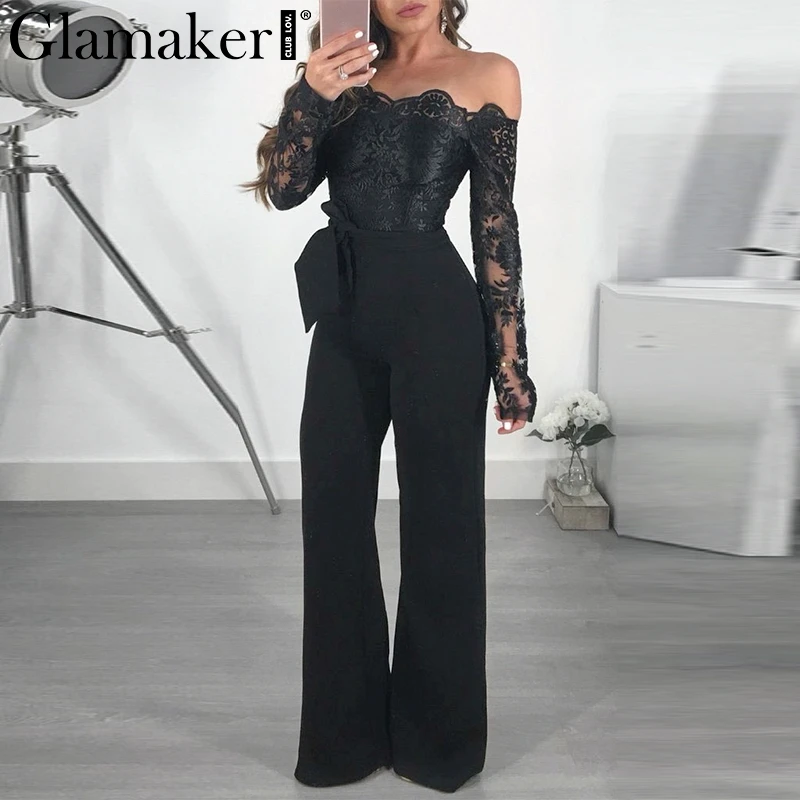 Женский комбинезон Glamaker черный кружевной с открытыми плечами летние элегантные