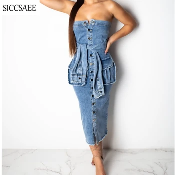 

Denim Strapless Bodycon Bandage Dress Off Shoulder Button Front Jeans Sexy Vestidos Top Fashion Backless Slash Neck Pockets 2019