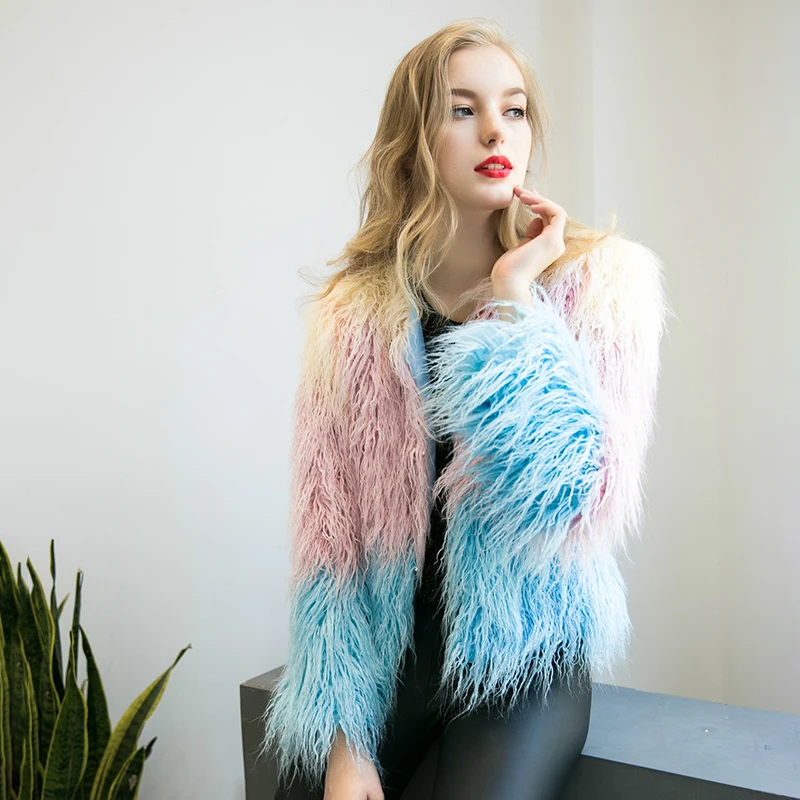 

Furry Fur Coat Women Warm Thick Plush Autumn Winter Hairy Pink Collarless Overcoat Patchwork Women's Coats Jacket 3XL