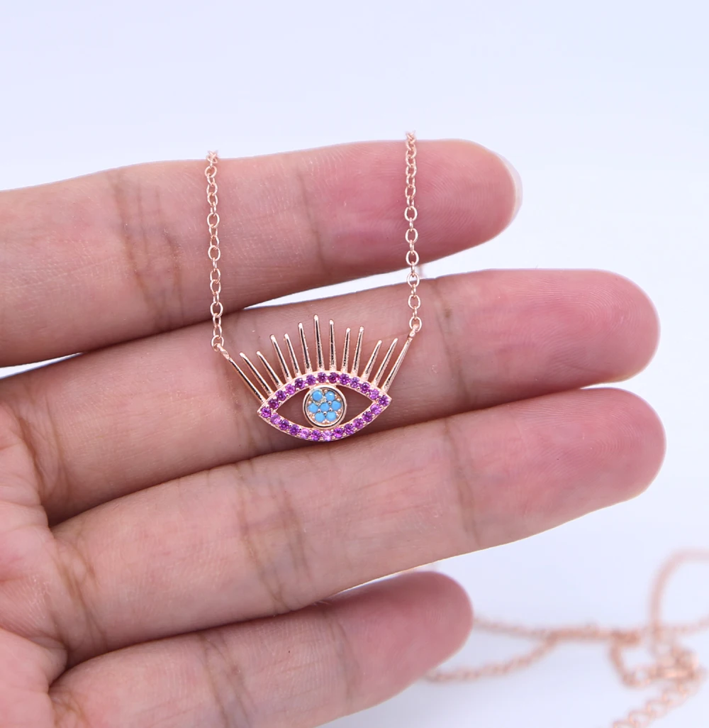

2018 new arrival 100% 925 Sterling silver Eye Eyelash pink blue fashion charm delicate Dainty Cz necklace for Women sexy Jewelry