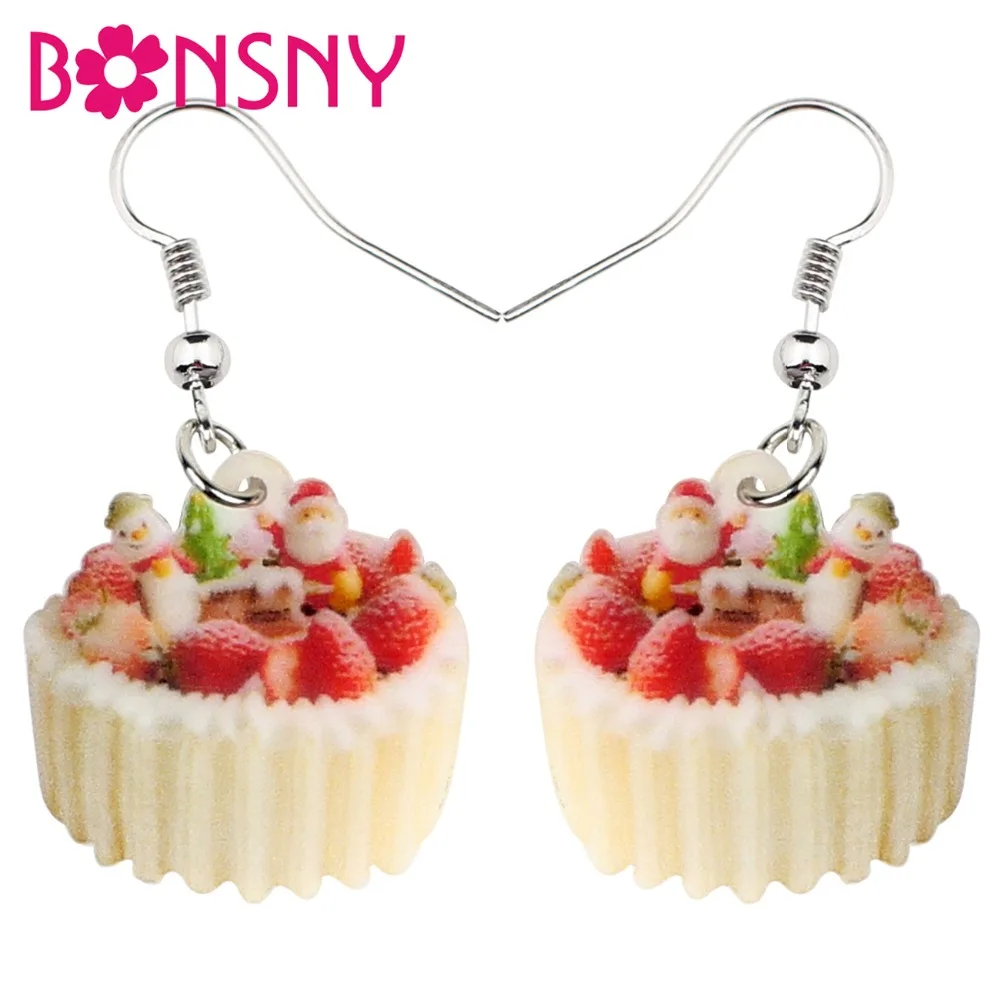 

Bonsny Acrylic Cute Christmas Santa Claus Snowman Cake Earrings Drop Dangle Xmas Food Decoration Jewelry For Women Girls Navidad