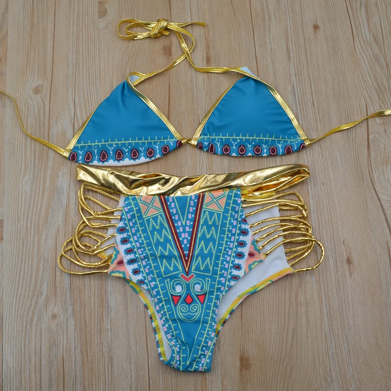 Brazilian High Waist Bikini Bathing Suit Women Swimsuit Padded Cup+Golden Color Bandage Bottom SwimwearTwo Pieces Suit