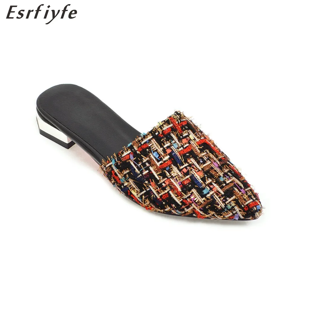 

ESRFIYFE New 2018 Slides Charm Women Shoes Square Heel Summer Slippers Low Heel Pointed Toe Mules Women Street Casual Shoes