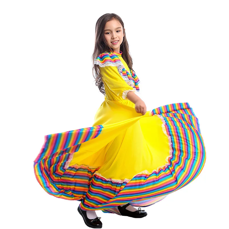 Мексиканское платье для маленьких девочек; костюм на день рождения, вечеринку, Хэллоуин; детская длинная юбка для танцев в мексиканском стиле