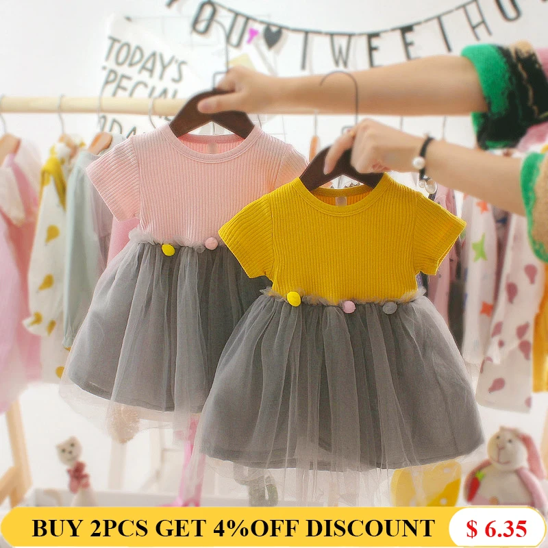 

2019 Infant Pink Yellow Dresses For Baby Girl Cotton Spring Summer Knitted Dresses Cute Kids Girl Clothes 1st Birthday Outfits