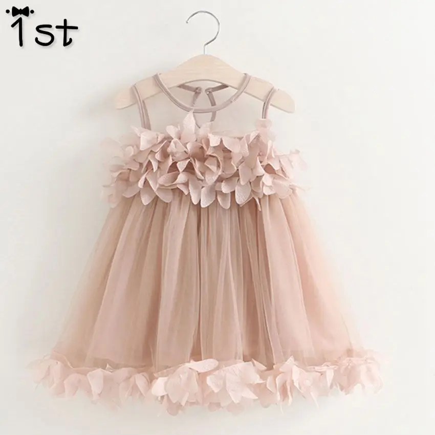 1st Girls Dress 2018 New Summer Mesh Girls Clothes Pink Applique Princess Dress Children Summer Clothes Baby Girls Dress