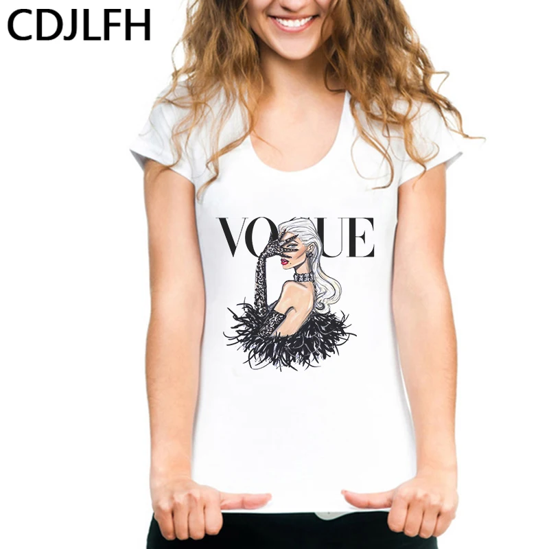 

New Vogue T Shirt Women Harajuku Aesthetic Summer Fashion Female T-Shirt Sexy Beauty Flowers Feather VOGUE Print Tees Shirt Tops