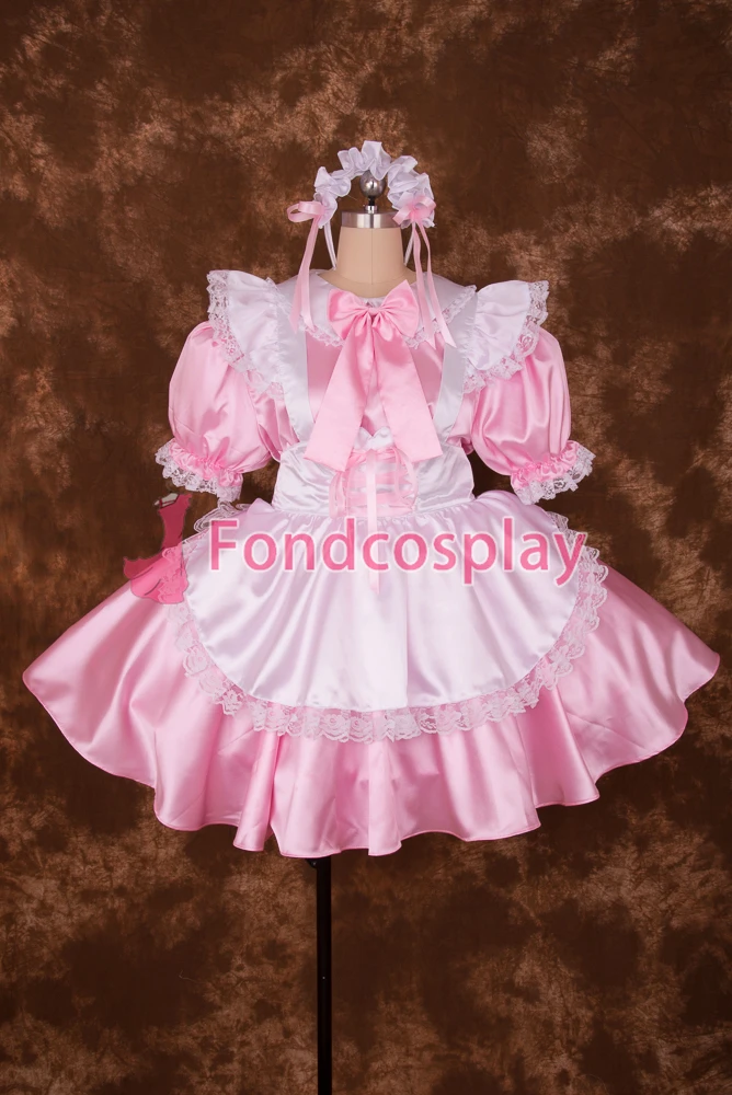 

Сексуальная одежда для взрослых fondcosplay с перекрестными бретелями, короткое фиксируемое детское розовое атласное кружевное платье с бантом, белый фартук, униформа [S016]