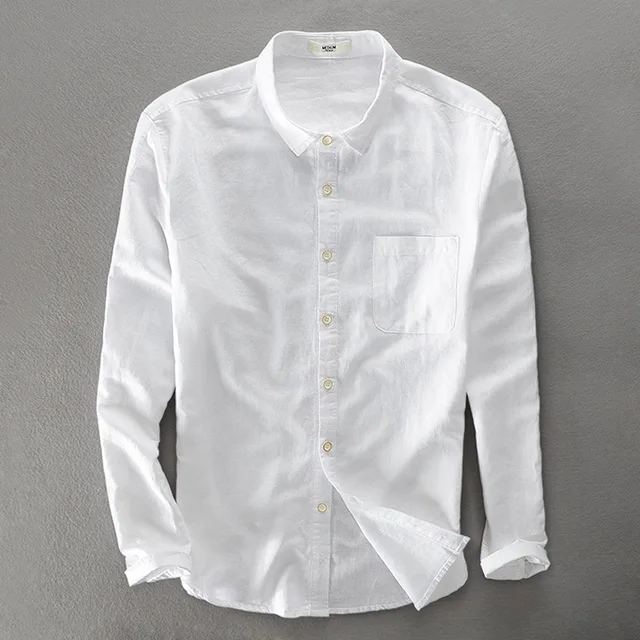 New 2018 Mens Cotton Linen Long Sleeve Shirts For Man Solid White ...