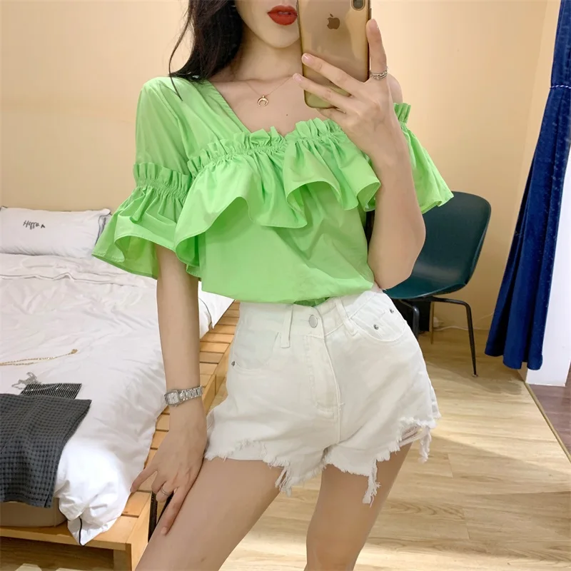 الصيف الجديدة 2019 الكورية قصيرة الأكمام قميص فضفاض البرية غير النظامية مثير بلوزة أنيقة الإناث مزاجه شيك قمصان امرأة SP449