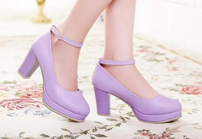 

2018 autumn light purple round head shallow mouth with high heel single shoes female thick bottom buckle with women's shoes