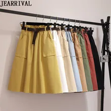 JEARRIVAL миди до колена летняя юбка женская с поясом Весенняя Повседневная хлопковая однотонная Высокая талия солнце школьная юбка женская