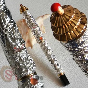 

ROLLER BALL PEN NOBLE JINHAO SILVER AND GOLDEN TWO DRAGON PLAY PEARL PAGODA