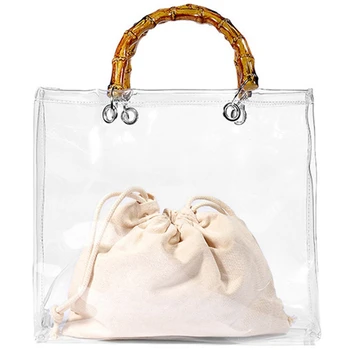 

Bamboo Handle Clear Jelly Bag Tote Transparent Pvc Beach Hand Bags Fashion Korean Casual Handbag Handbags Bag For Women Female