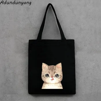 

2018 Casual Women cartoon cat bag Large Capacity Tote Canvas Shoulder Bag Shopping Bag Beach Bags Casual Tote Feminina