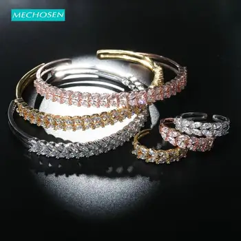 

MECHOSEN Exquisite 3 Tones Bangle Ring Set Wheat Shape CZ Zircon Women's Banquet Anniversary Gift Elegant Copper Accessories Set