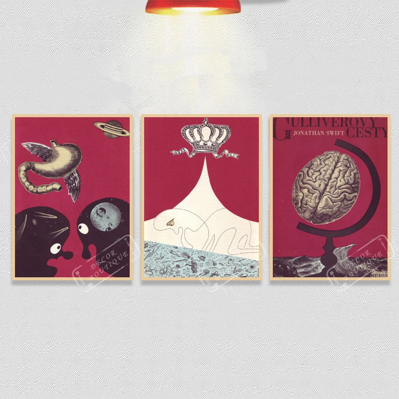 

Max Ernst and Saul Steinberg meet Jonathan Swift in Prague Retro Vintage Poster Canvas Painting DIY Art Home Bar Posters Decor