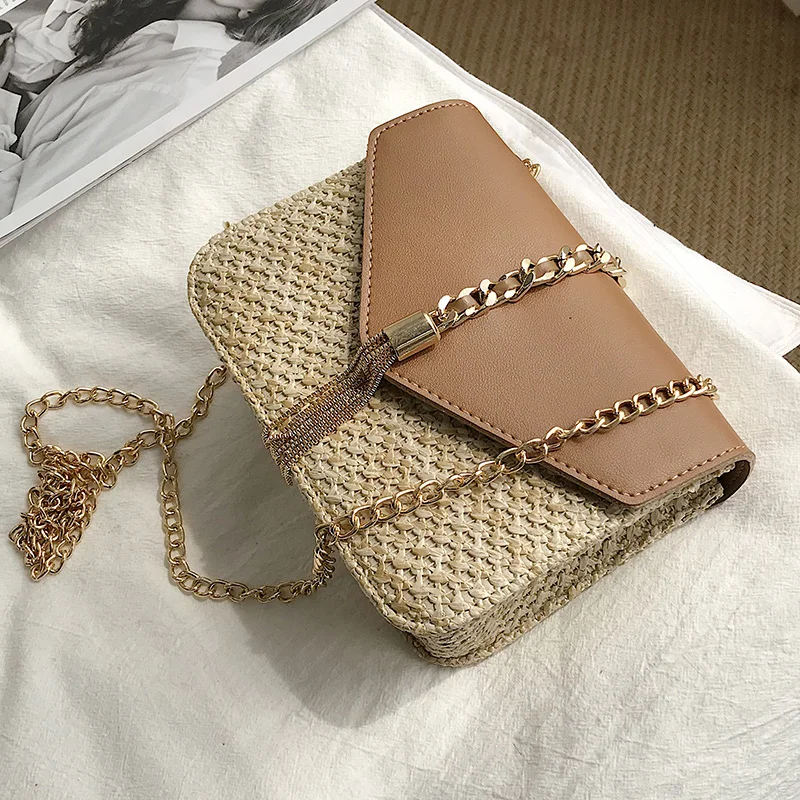 

Fringed Chain Small Flap Bag for Women 2019 New Straw Crossbody Bags Ladies Summer Messenger Shoulder Handbags and Purses