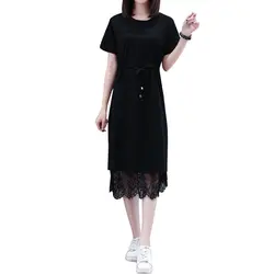 Плюс размер повседневная хлопковая футболка платье для женщин 2019 летние кружевные лоскутные длинные миди платья с коротким рукавом