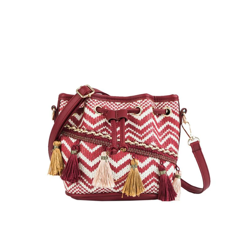 

Bohemian style Shoulder Bag Female Tribal Ibiza Hippie Gypsy Pom Pom Fringe Music Festival Bucket Soft PU mini Crossbody Bag