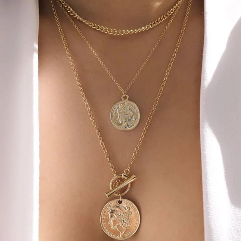 

Women Necklace Classic Round Head Portrait Pendant Gold Chain Multilayer Necklace Female Retro Party Long Necklace Accessories
