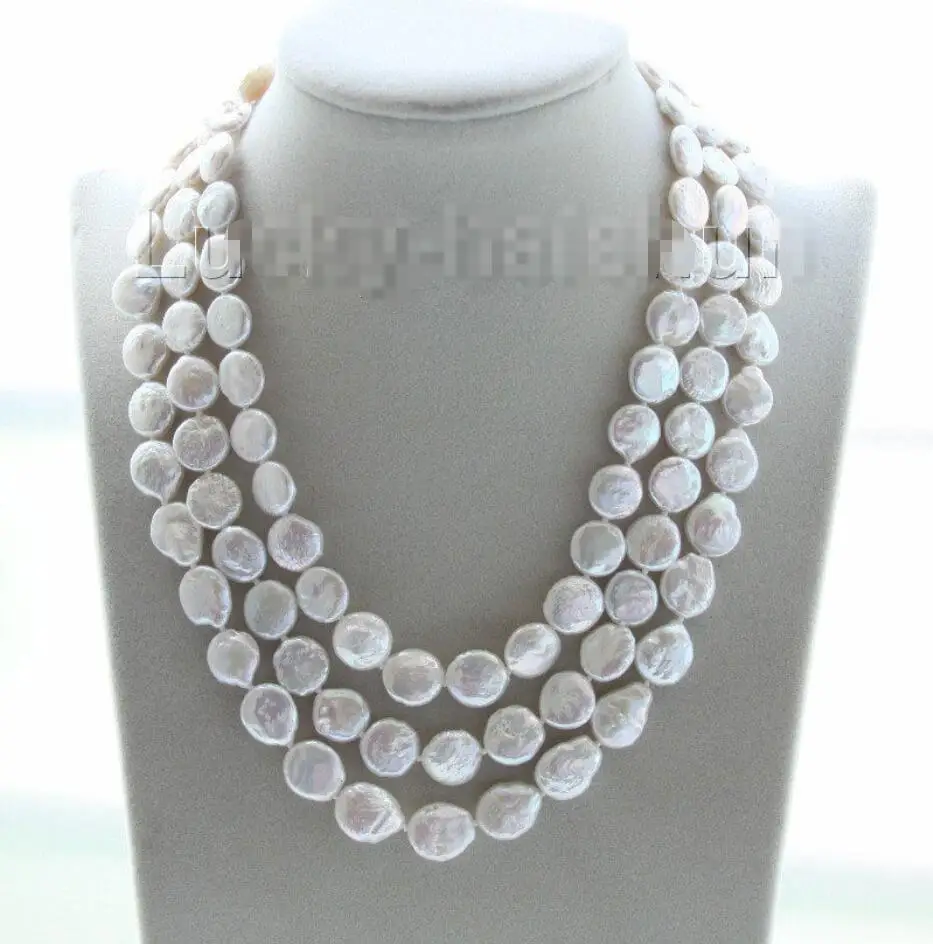 

Hot sale new Style >>>>>adjustable 15.5"-17.5" 3row 12mm coin fastener white pearls necklace j9508