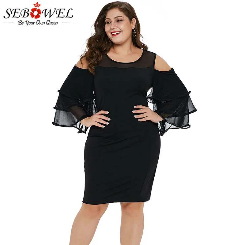 

SEBOWEL Black/White Cold Shoulder Plus Size Dress Woman Cascading Flare Sleeve Bodycon Dress for Female Ladies New Spring Autumn