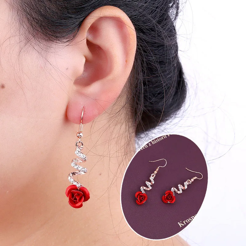 

Vintage Red Rose Drop Earrings For Women Rose Gold Color Statement Dangle Earrings With Crystal Rhinestone Wedding Jewelry