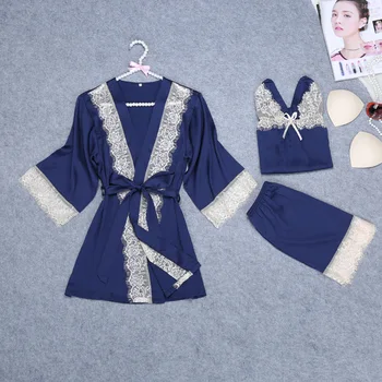 

Sexy Lace Women Navy Blue Household Clothing Elegant V-neck Silk Sling Pajamas Three Sets Loose Home Wear Sleepwear