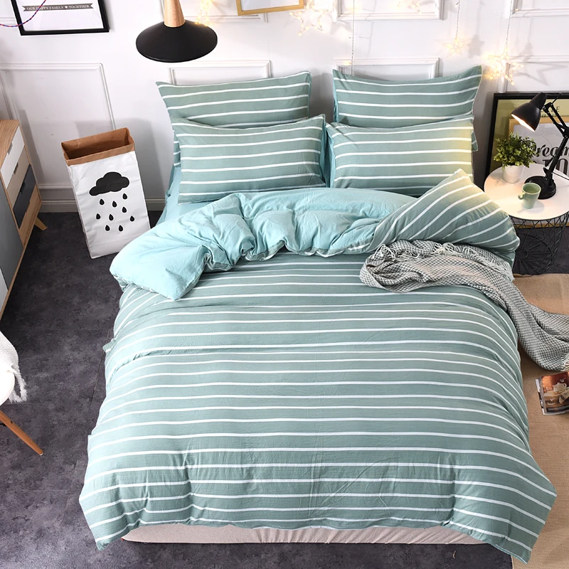 

elegant striped bedding set 3/4pc green duvet cover+pillowcase+flat sheet fresh home decor boy gentlemen bed linen 3d multi-size