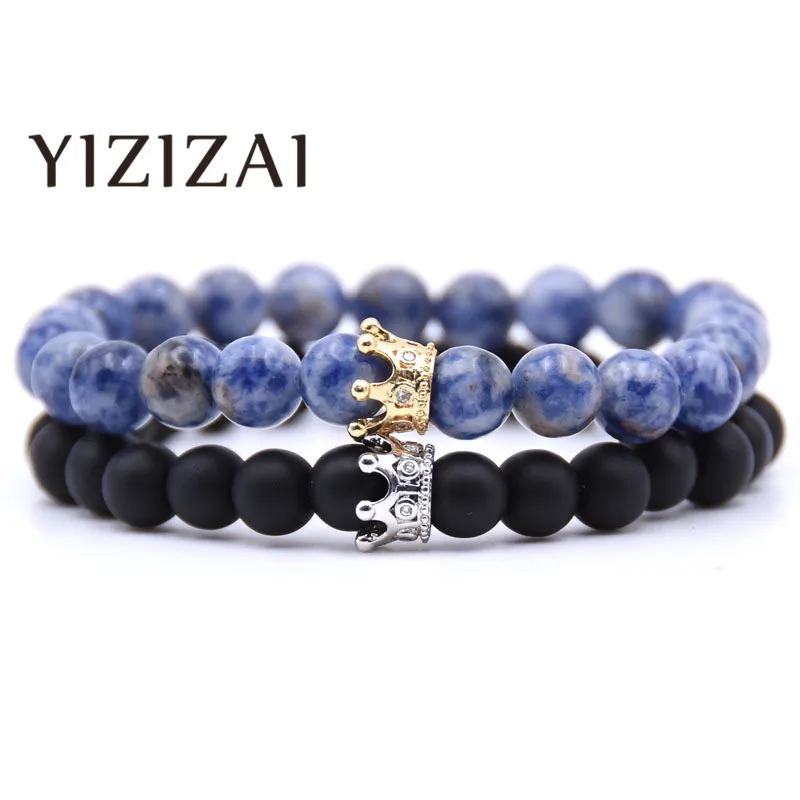 YIZIZAI Новая Мода CZ Корона натуральный камень браслет для мужчин и женщин Pulseira Masculina