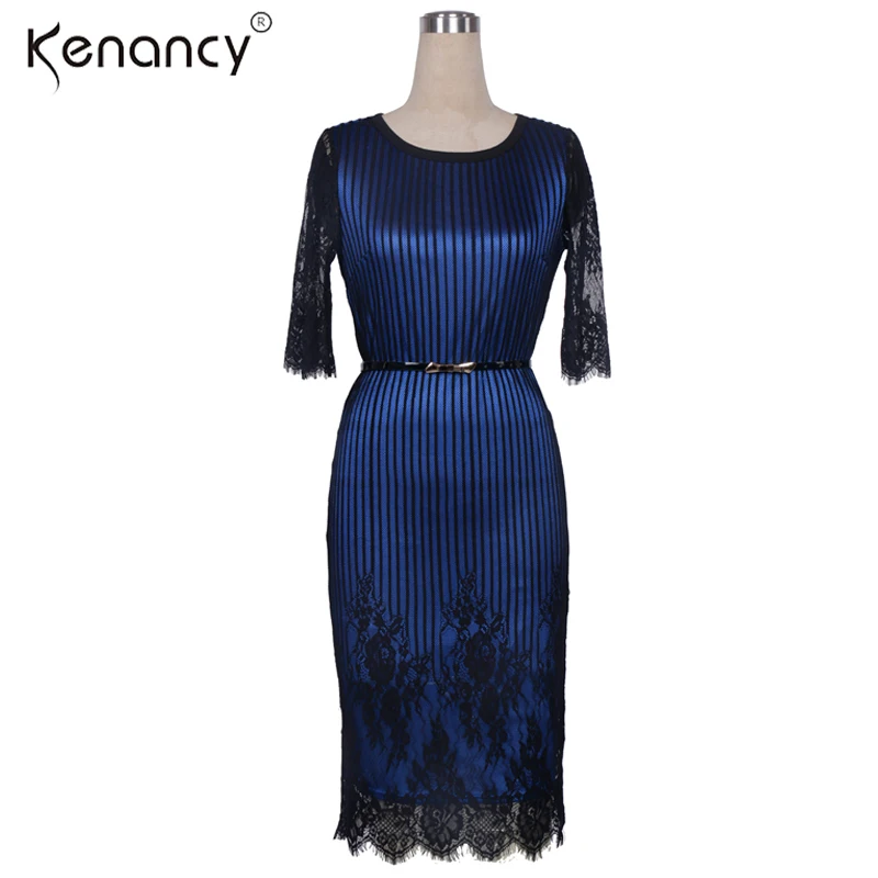 Kenancy 2XL 2018 Belted Sexy Striped Floral Lace Dress Women Party Half Sleeve Knee-Length Vestidos Contrast Color Recommend