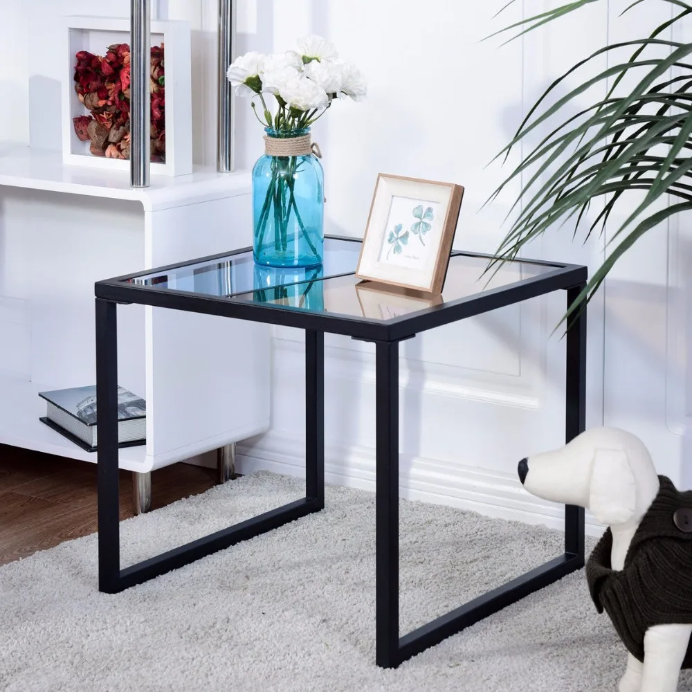 Giantex Square Side End Table Tempered Glass Top Metal Frame Coffee Tables Modern Living Room Furniture HW57283