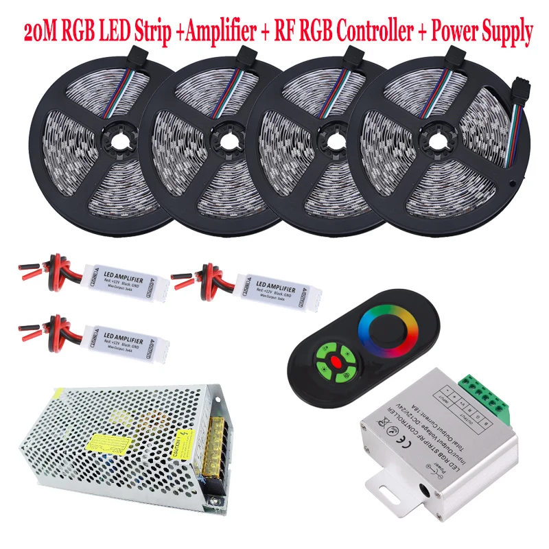 

20M 5050 RGB LED Strip Kit 15M 10M Waterproof Flexible Tape Light Fita Diode 5 Key RF Remote RGB Controller Touch Dimmer Power
