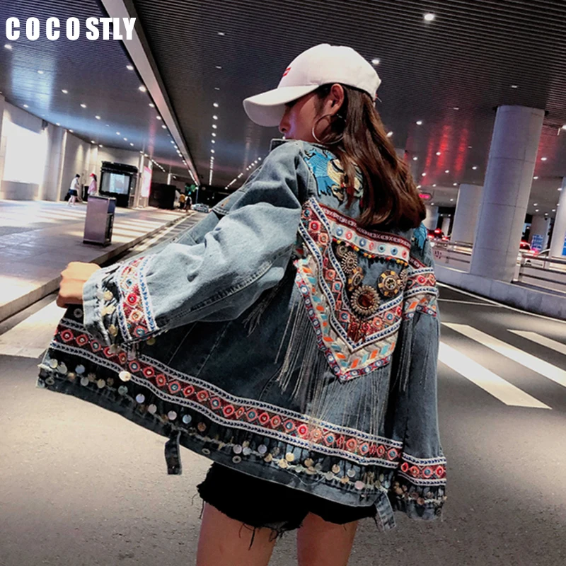 

Spring Jacket Women Folk Style Splicing Tassel Denim Jacket Female Retro Embroidered Jeans Coat Students Outwear asaco feminino