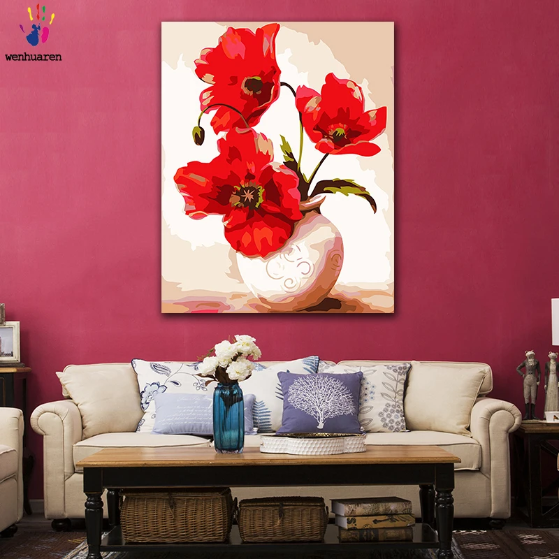 

DIY Coloring paint by numbers Big red poppy flower arrangement figure paintings by numbers with kits 40x50 framed