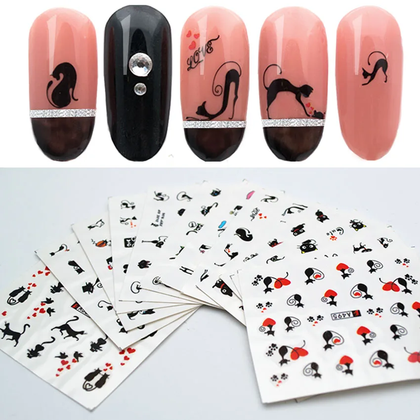 12 шт./компл. наклейки для ногтей наклейки для черная кошка узоры Водные Наклейки для ногтей маникюра, мультяшная Обёрточная бумага Стикеры маникюр с использованием водяных знаков инструменты ZJT3024