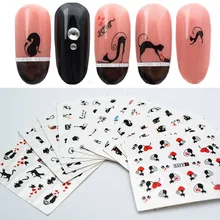 12 шт./компл. наклейки для ногтей наклейки для черная кошка узоры Водные Наклейки для ногтей маникюра, мультяшная Обёрточная бумага Стикеры маникюр с использованием водяных знаков инструменты ZJT3024