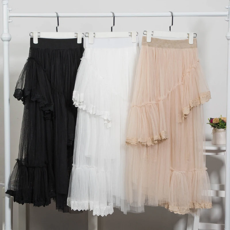 

Free Shipping 2017 Fashion Long Maxi Skirts For Women Summer Floral Embroidery Elastic Waist Mesh Irregular White Black Skirts