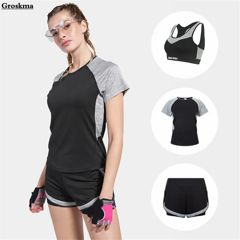 

High quality women yoga 3 piece set short sleeve t shirt+bra+shorts fitness gym sports running suit set outdoor training clothes