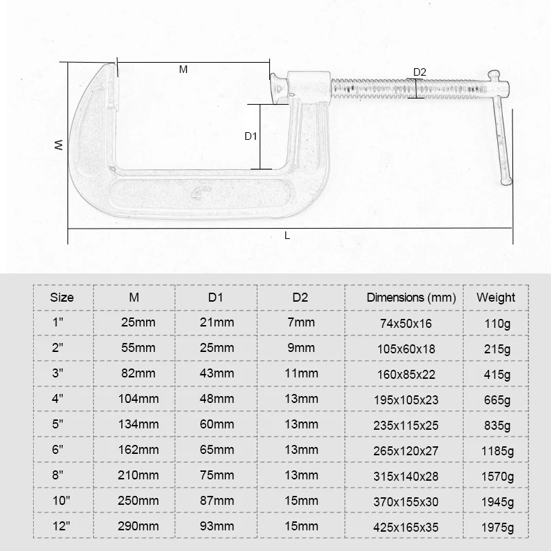 Heavy Duty C зажим 1/2/3/4/5/6/8/10/12-дюймовый ковкий чугун деревообрабатывающие g-зажим