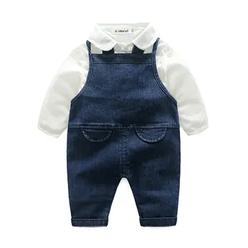 

baby boy clothing sets 2018 autumn toddler boys outfit 2 pieces white shirt+jeans jumpsuit kids casual clothes sets for boys