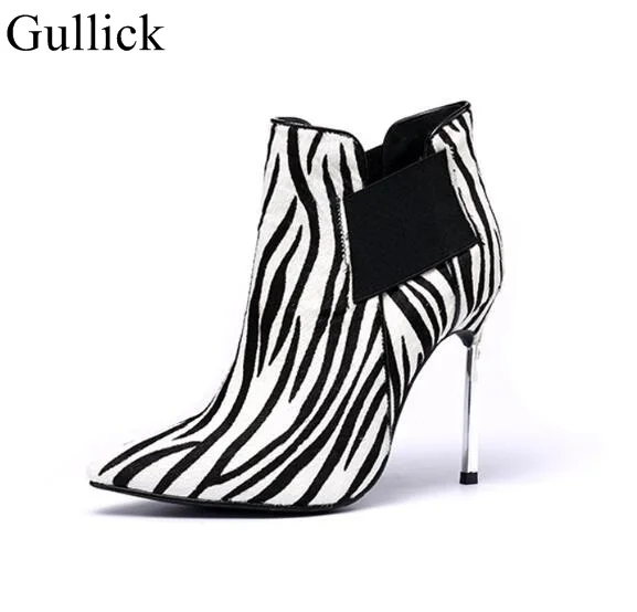 

Sexy Pointed Toe Metal Thin Heel Slip On Women Ankle Boots Leopard Print Sexy Boots Fetish Heel Suede Women Winter Shoes