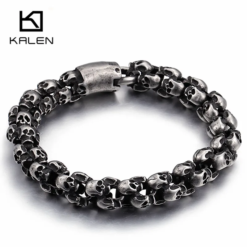 Online Kalen Punky 22.5 cm Largo Mate Cráneo Pulseras Para Hombres de Acero Inoxidable Cepillado Cráneo Encanto Enlace Cadena Brecelet Masculina Gótico joyería