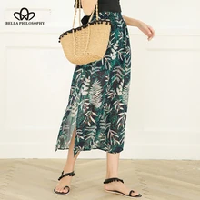 Bella Philosophy Лето boho лист печати дамы юбка высокой талией Сторона Сплит прямо до середины икры Повседневная юбка элегантная юбка из шифона