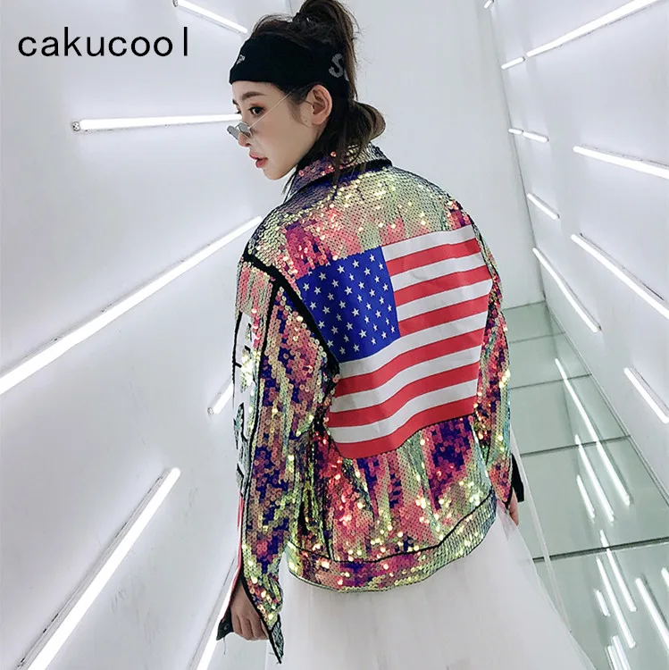 Cakucool Весна для женщин тяжелых блесток пальто с радужным принтом Куртка Chic
