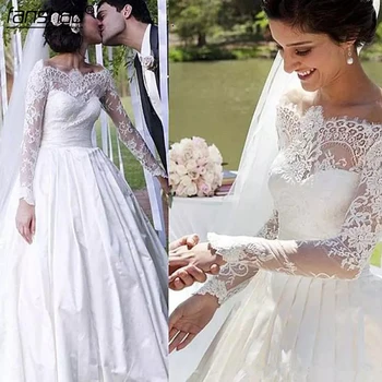 

Elegant Off Shoulder Country Beach Wedding Dresss A Line Long Sleeves Satin Lace Bridal Gown wedding Gowns Vestidos de Novia
