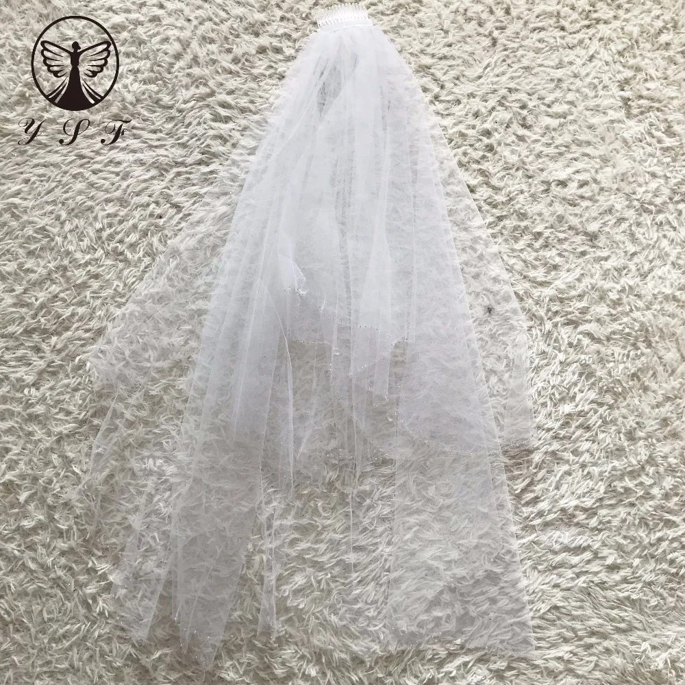 

Free Shipping Two Layer Beaded Stones Edge Short Wedding Veil 2018