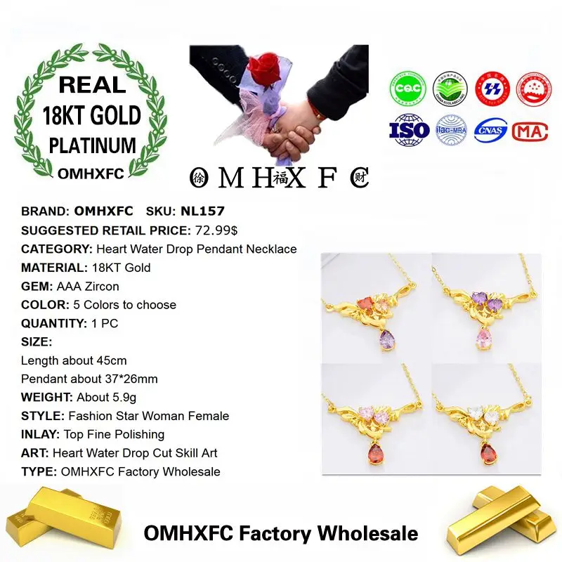 MHXFC Европейская мода женский праздничный свадебный подарок розовый красный капли воды AAA Циркон Настоящее 18KT золотой кулон цепочки и ожерелья NL157