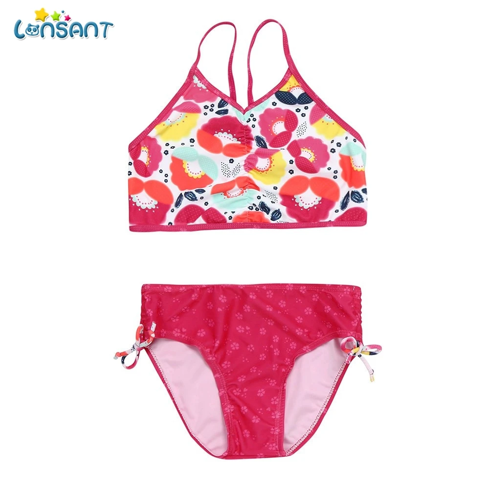 LONSANT New Fashion Summer Kids Girls Red Floral Print Striped Swimwear ...